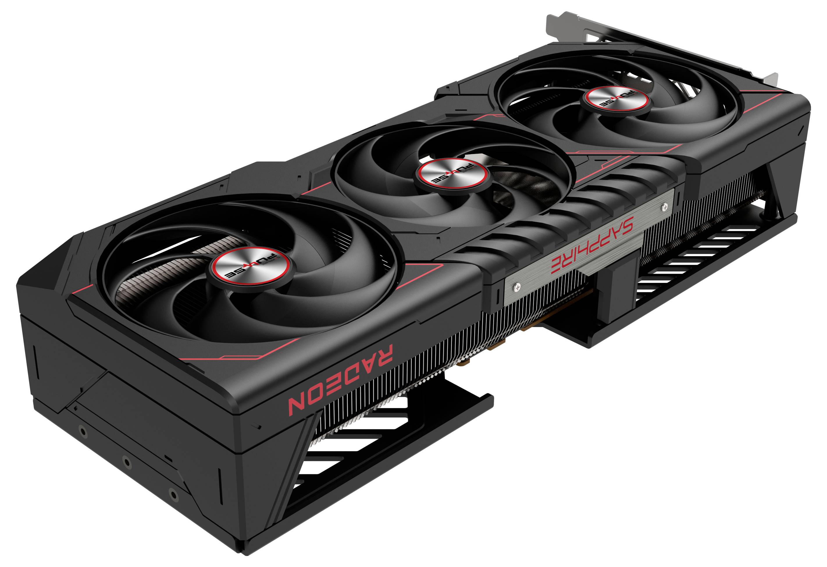 Černá grafická karta se třemi ventilátory a červeným nápisem 'Radeon'. Má robustní design s kovovým pouzdrem.