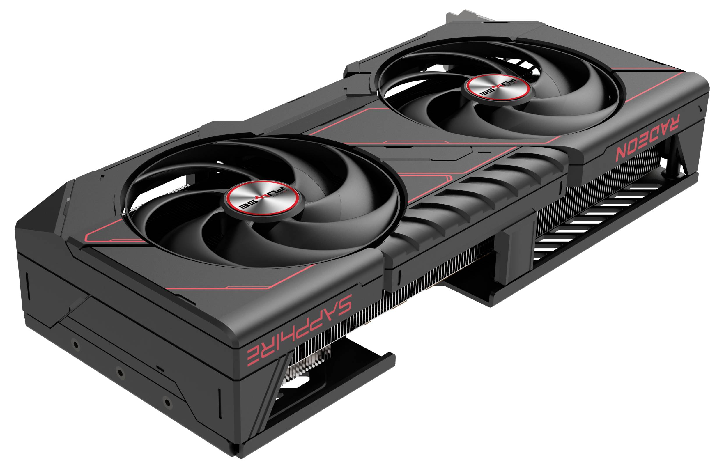 Černá grafická karta se dvěma velkými ventilátory a červenými akcenty. Označená nápisem 'Sapphire' a 'Radeon'.