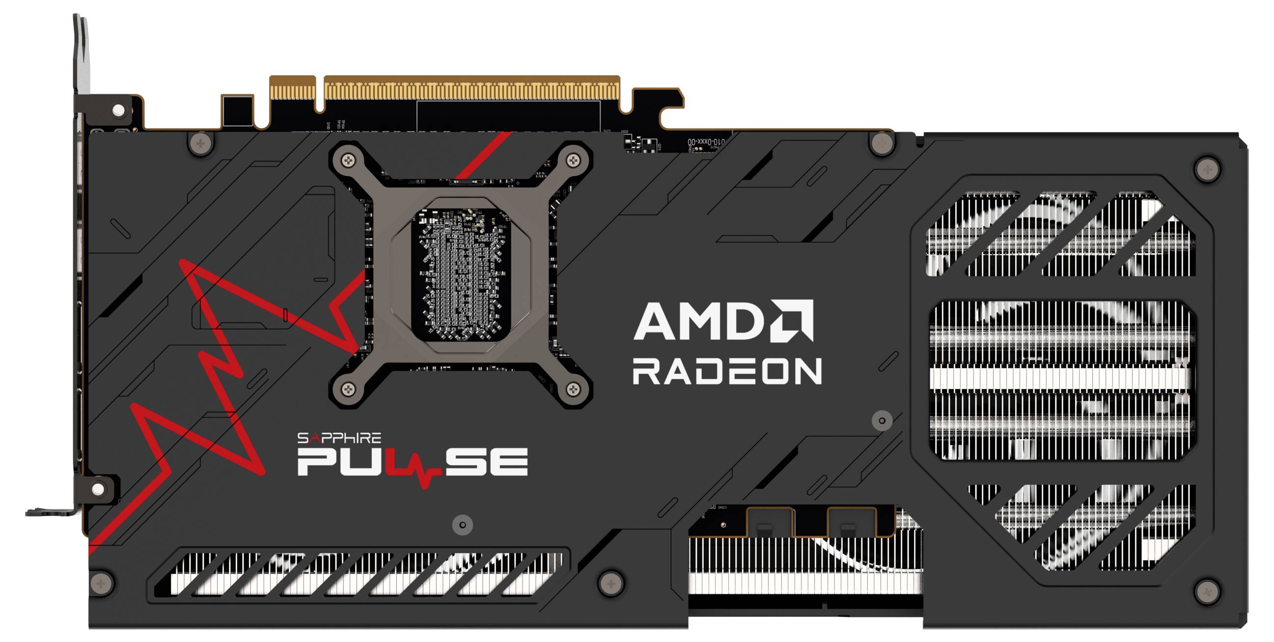 Grafická karta AMD Radeon s černým designem, červeným ozdobným pruhem a logem Pulse. Větrací štěrbiny jsou viditelné, městské pozadí chybí.