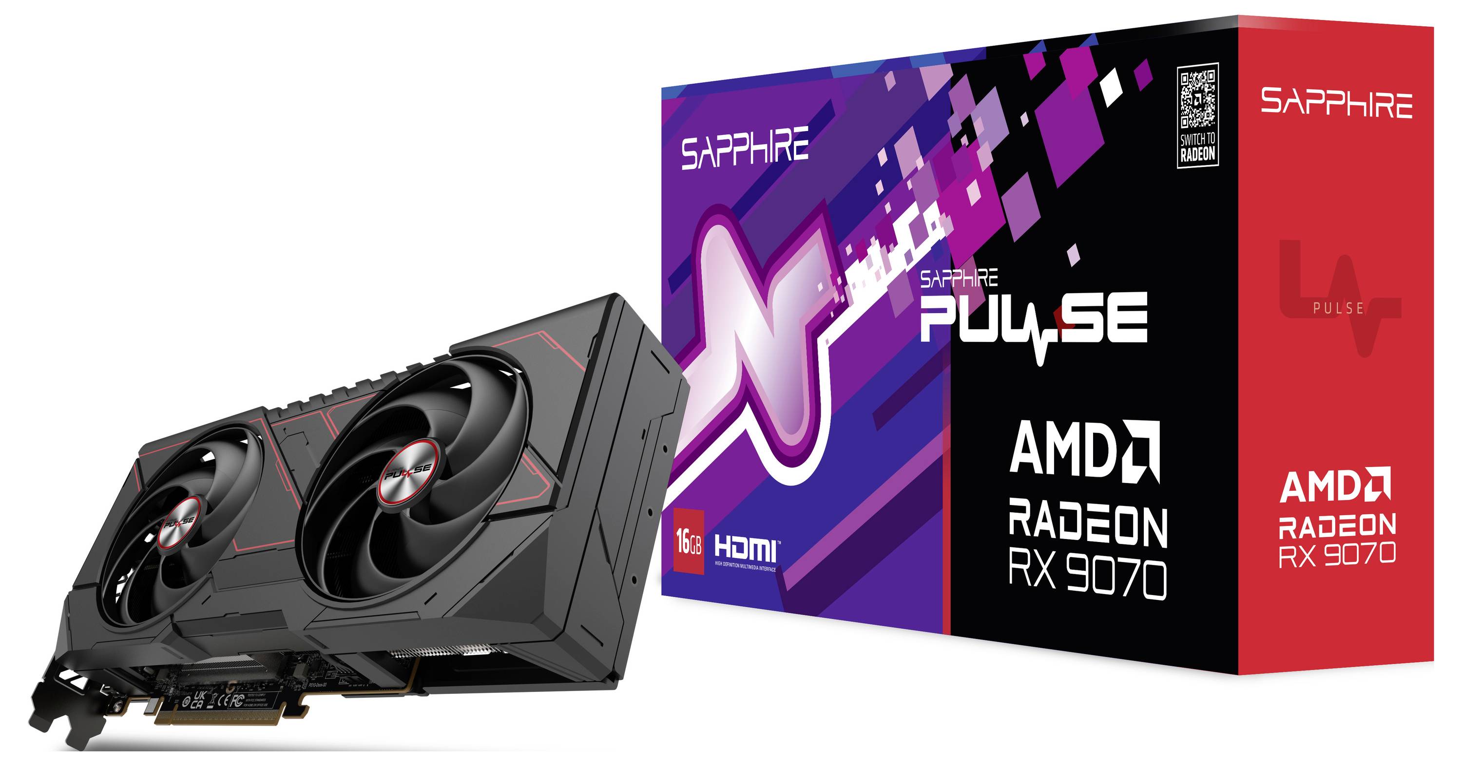 Grafická karta Sapphire PULSE AMD Radeon RX 9070 vedle obalu s logem značky a produktovými informacemi.