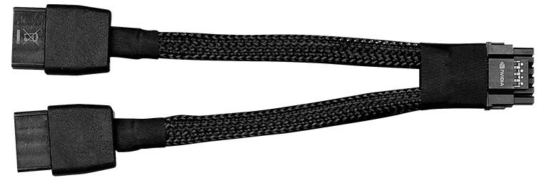 Napájecí kabel se dvěma ženskými a jedním mužským konektorem, používaný pro propojení počítačových komponent a napájení.