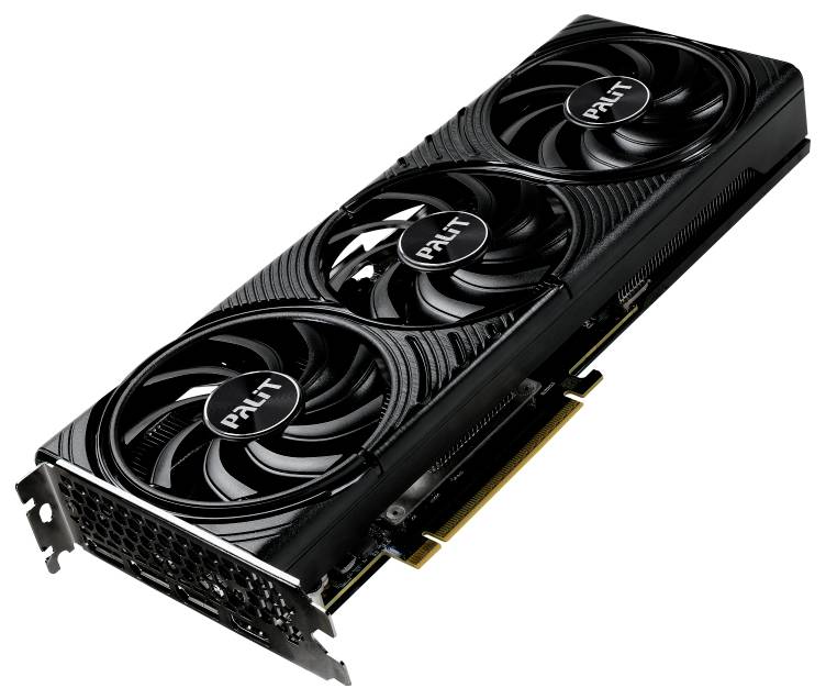 Černá grafická karta se třemi ventilátory, s bočním nápisem značky 'Palit', zobrazuje technické komponenty s chladicími žebry.