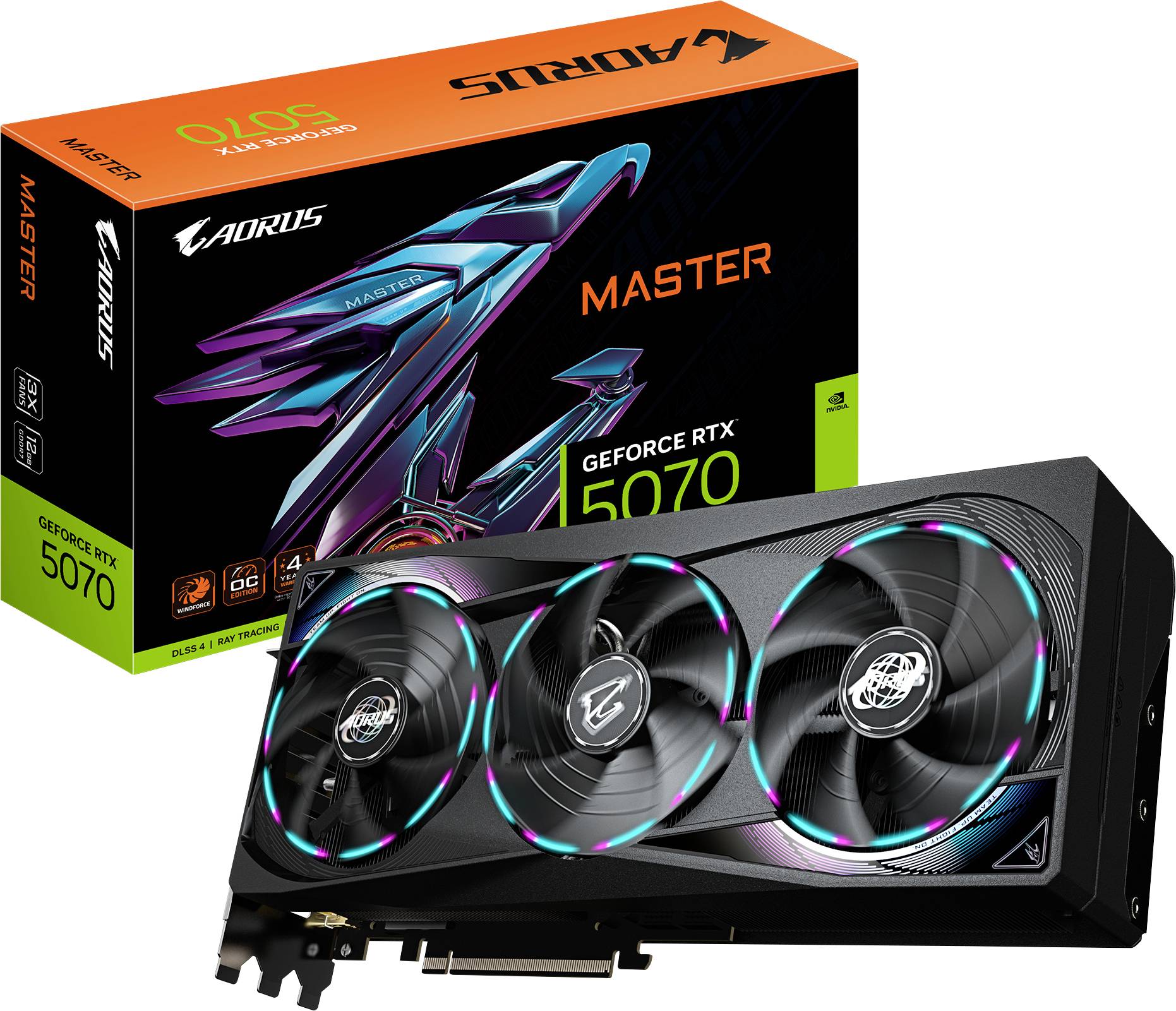 Grafická karta Gigabyte AORUS RTX 5070 Master se třemi ventilátory, RGB podsvícením, vedle původního obalu s logem a grafikou.