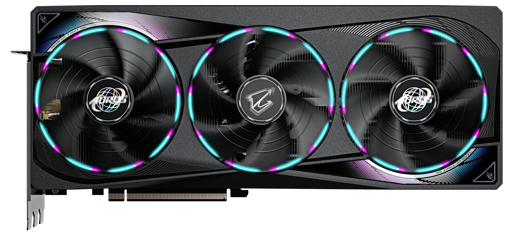 Grafická karta se třemi velkými ventilátory a svítícími LED prstenci, vhodná pro výkonné hraní her nebo profesionální použití.