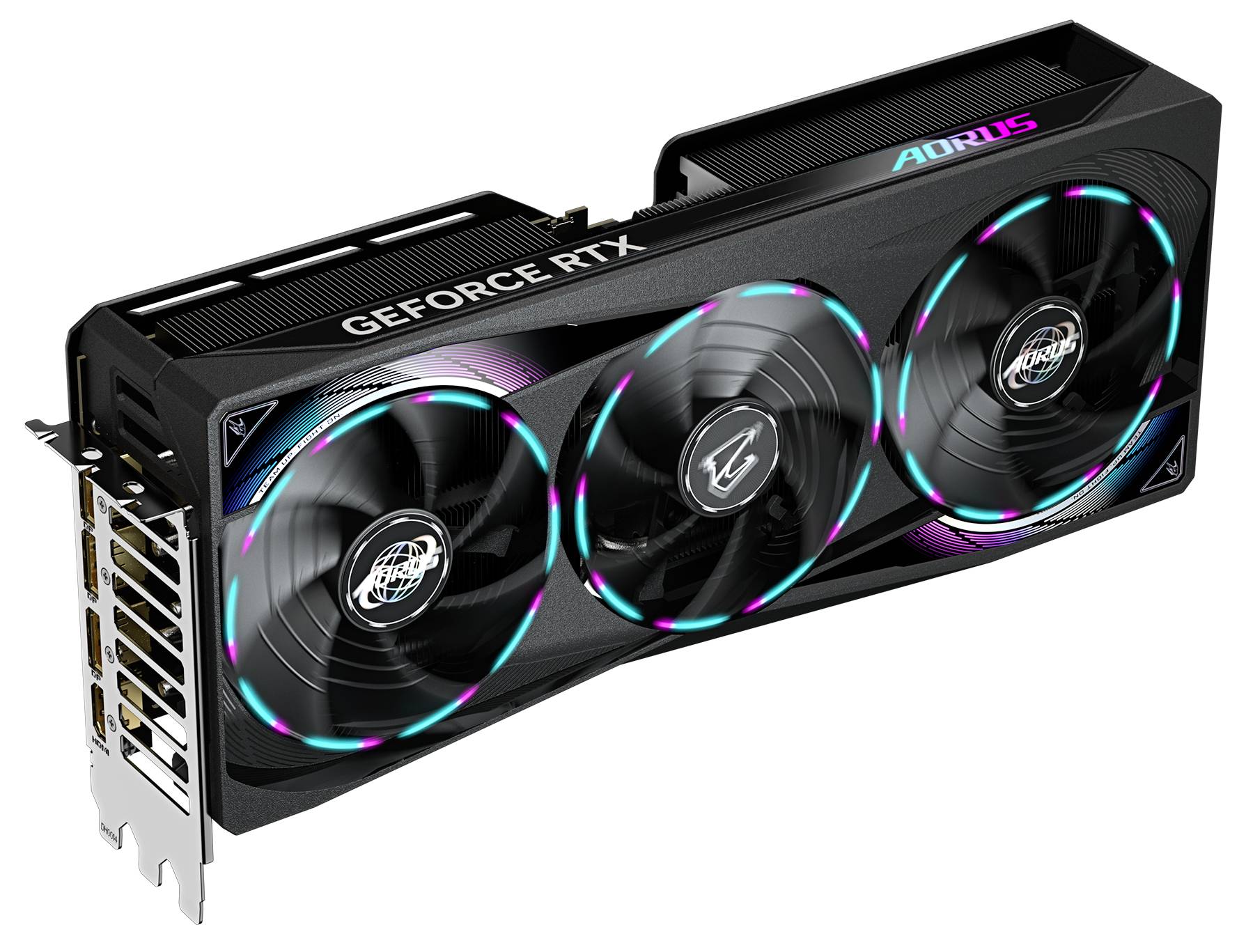 Grafická karta se třemi ventilátory, LED podsvícením a nápisem 'GEFORCE RTX' a 'AORUS'.