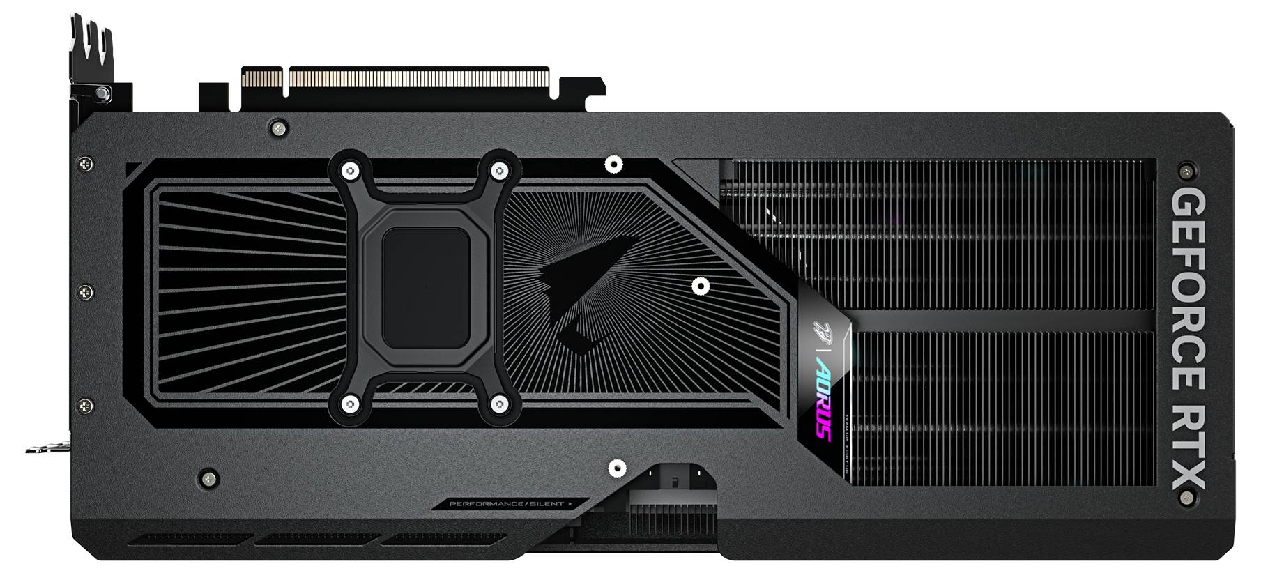 Obrázek grafické karty vyplněné nápisem 'GEFORCE RTX' na straně. Moderní design s chladicími žebry a futuristickým logem.