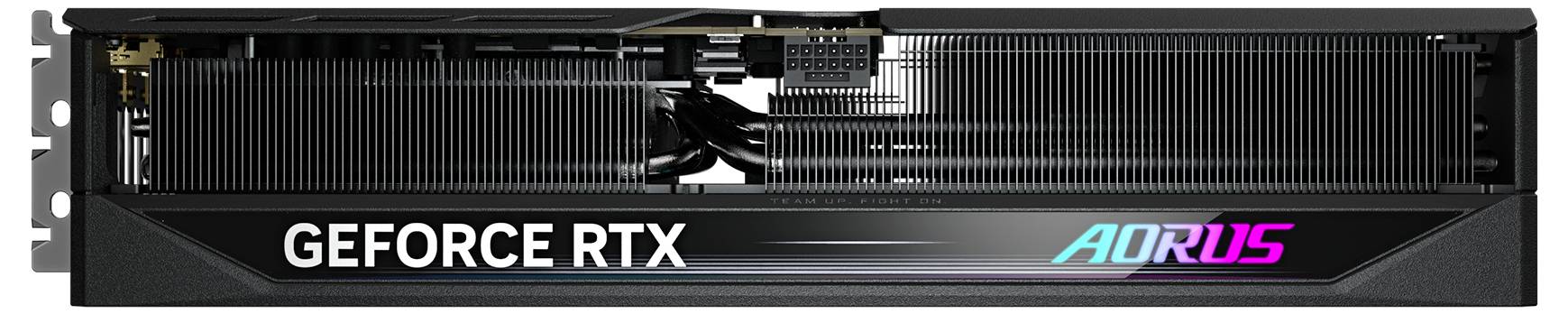 Grafická karta s nápisem 'GeForce RTX' a 'Aorus' v zářivých barvách, boční pohled na ventilátory a chladicí žebra je viditelný.