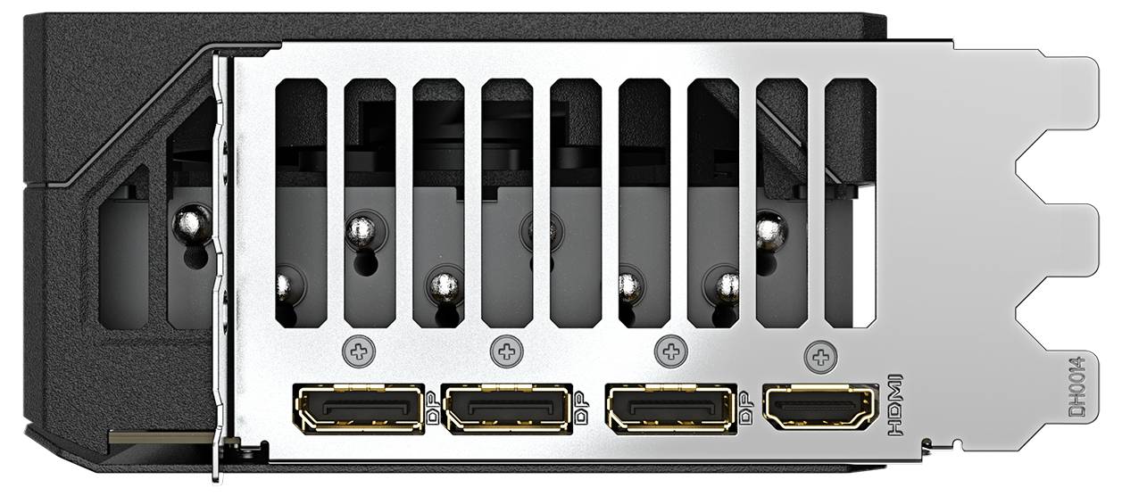 Obrázek grafické karty se čtyřmi porty: třemi DisplayPorty a jedním HDMI výstupem, namontovaným viditelně na zadní straně.
