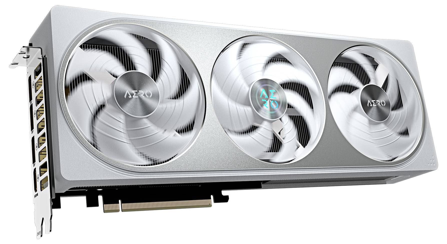 Stříbrná grafická karta s třemi velkými ventilátory pohledem zepředu. Na jednom z ventilátorů je viditelné logo 'AZRO'.