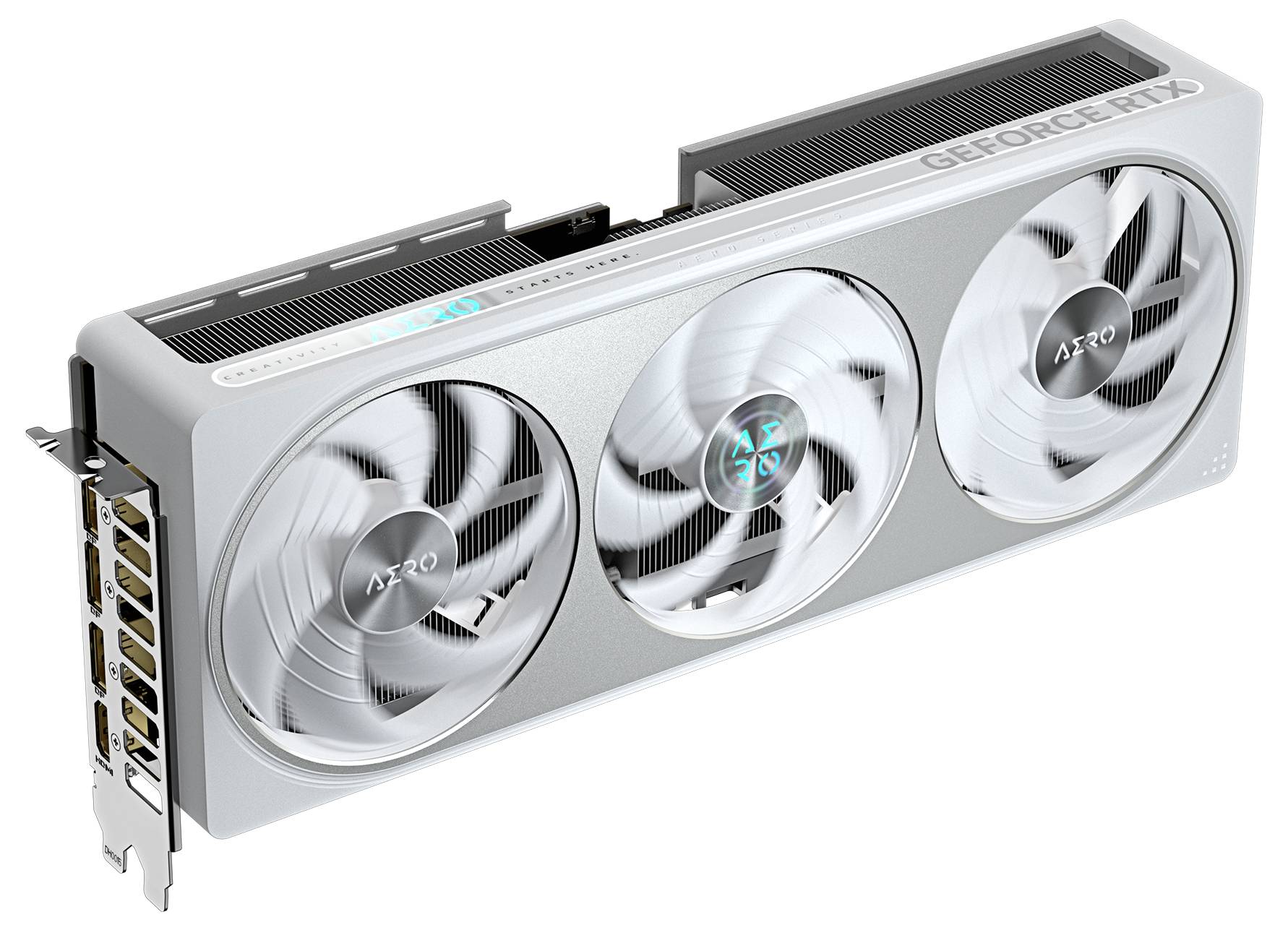 Grafická karta se třemi ventilátory a nápisem 'Aero'; stříbrné tělo s bočním označením 'GEFORCE RTX'.