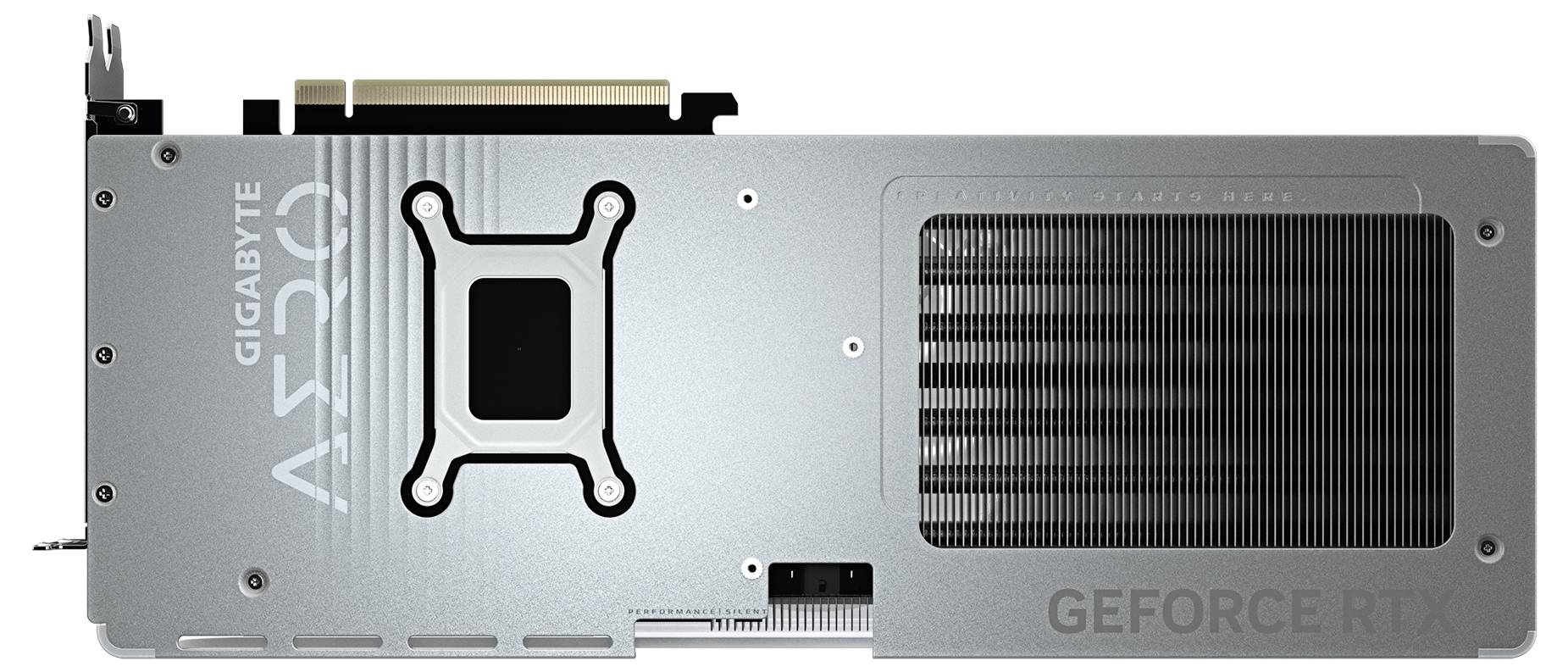 Pohled zezadu na grafickou kartu značky Gigabyte, model GeForce RTX, s stříbrným chladičem a černým ventilátorem.