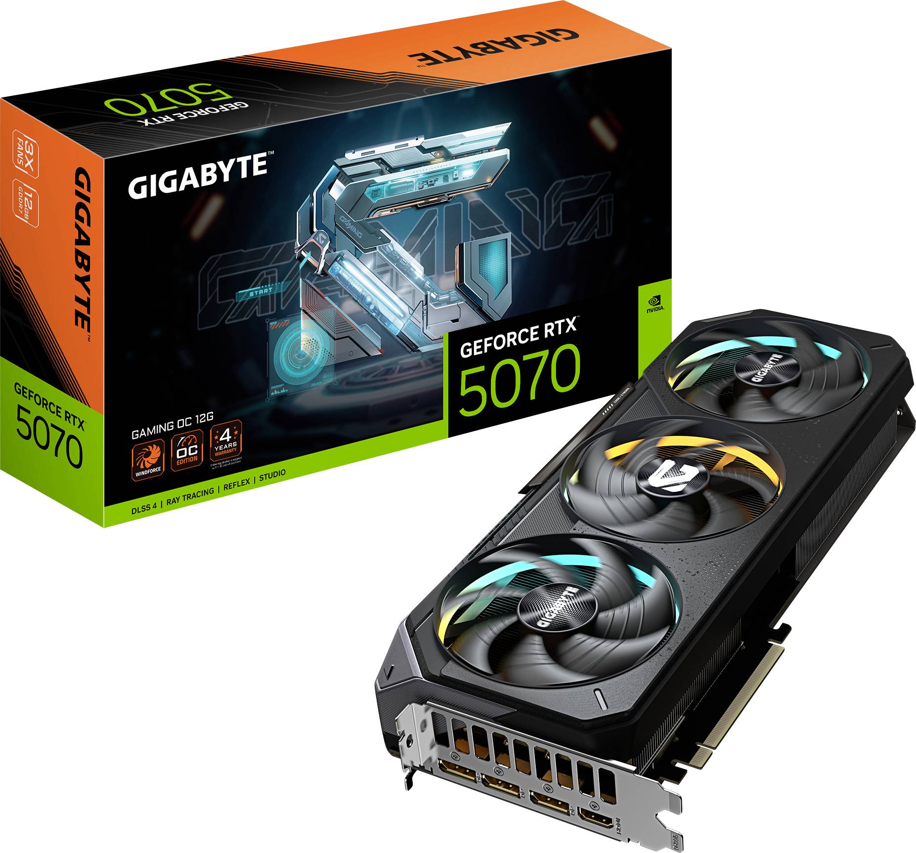 Grafická karta Gigabyte GeForce RTX 5070 se třemi ventilátory, vedle obalu zobrazujícího svítící grafiky a technické detaily.