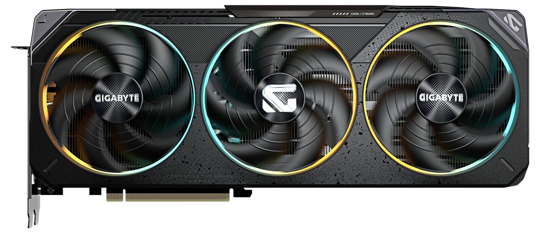 Grafická karta se třemi velkými ventilátory, všechny osvětlené. Označená logem 'Gigabyte' a stylizovaným logotypem.