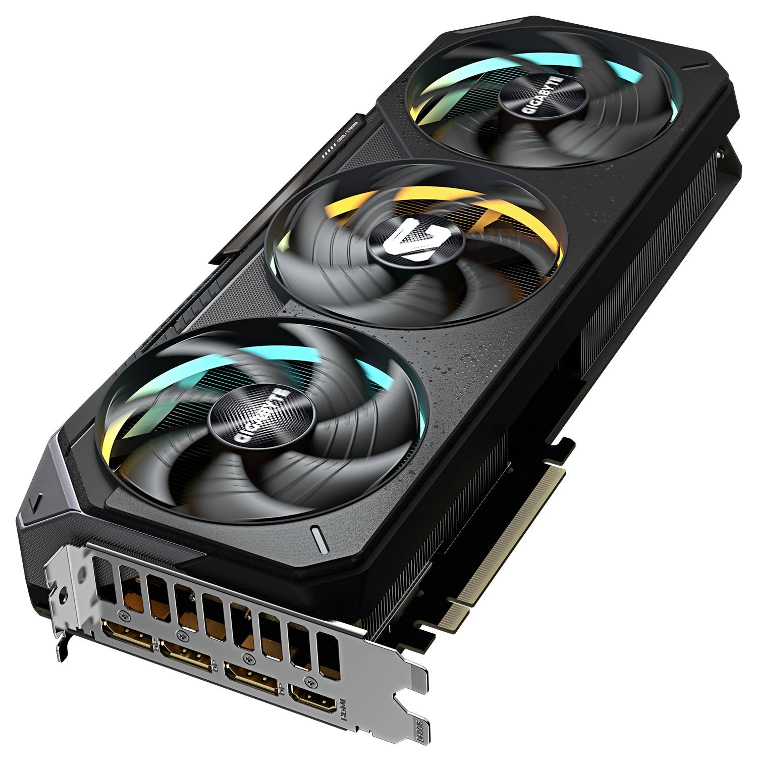 Grafická karta se třemi ventilátory, označená logem 'Gigabyte'. Na zadní straně je vidět několik portů, včetně HDMI a DisplayPort.