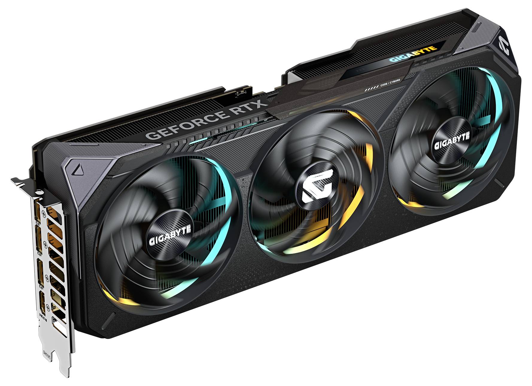 Herní grafická karta 'GeForce RTX' od společnosti Gigabyte se třemi ventilátory, černým tělem a RGB podsvícením, vhodná pro výkonný počítač.
