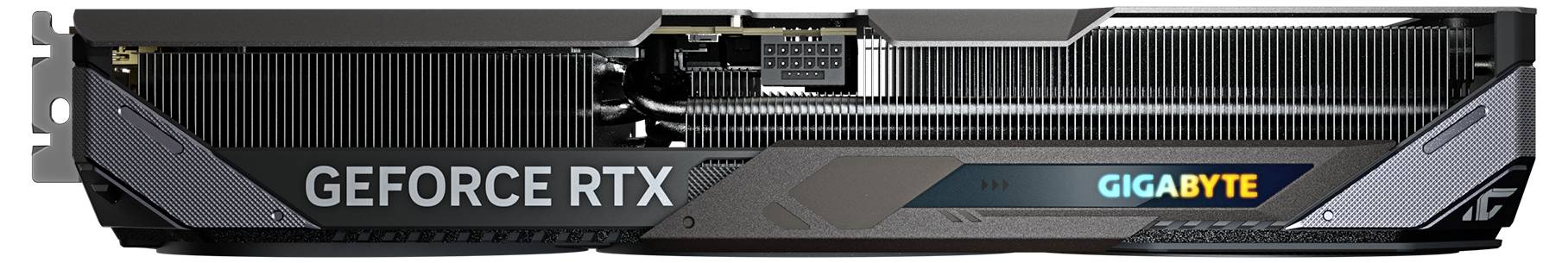 Grafická karta od GIGABYTE s nápisem 'GEFORCE RTX', černý a šedý design, obdélníkový tvar s větracími otvory.