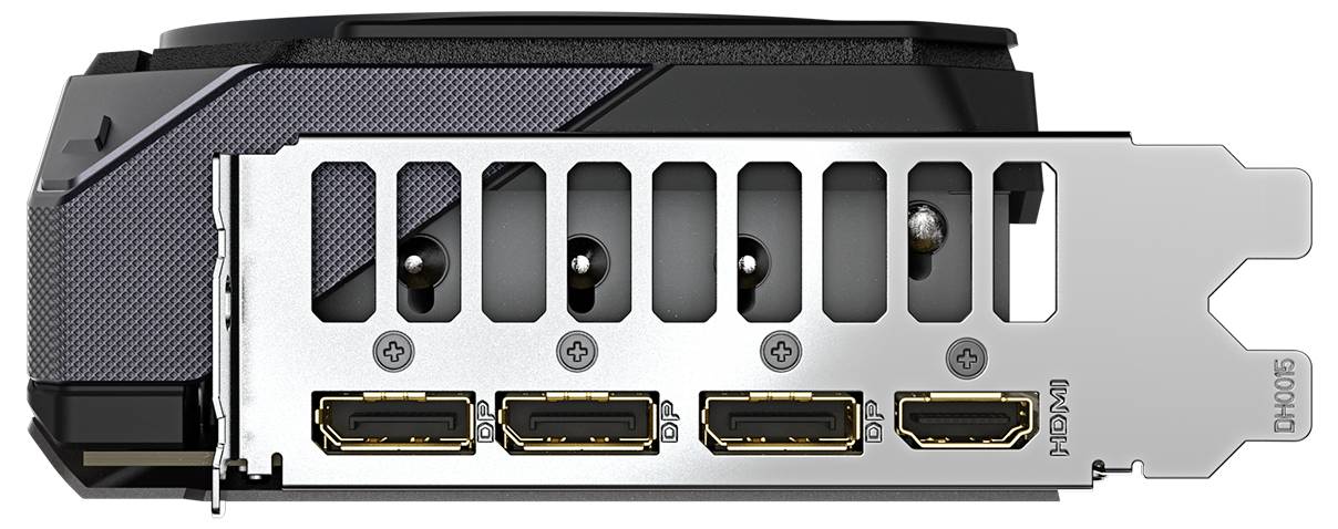 Grafická karta se čtyřmi HDMI porty a jedním PCIe slotem, pohled zezadu. Černostříbrný design, vhodný pro výkonné počítače.