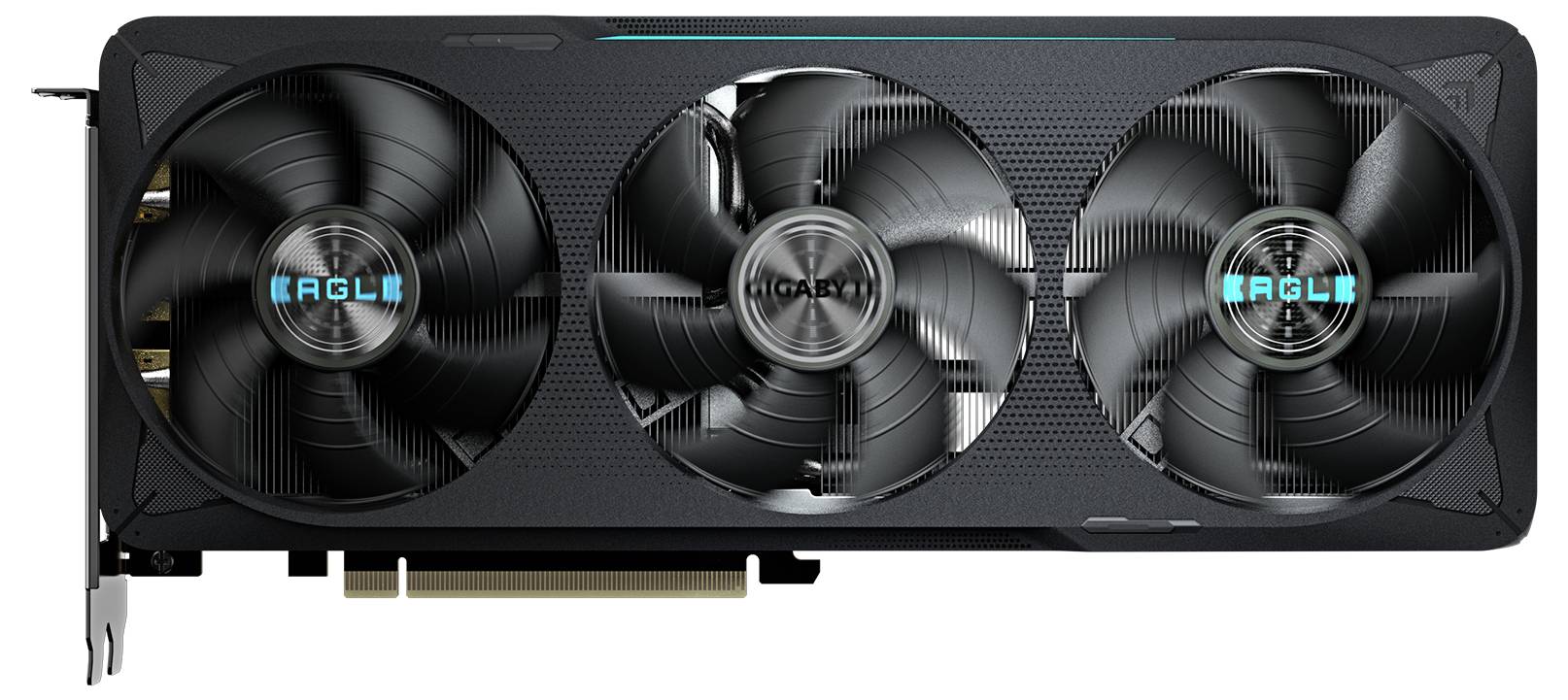 Černá grafická karta se třemi velkými ventilátory. Na ventilátorech je viditelný nápis 'Eagle'.