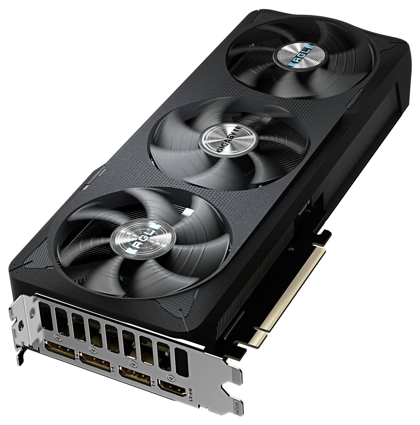 Grafická karta se třemi ventilátory a různými možnostmi připojení, včetně HDMI a DisplayPort, pro rozšířené video výstupy.