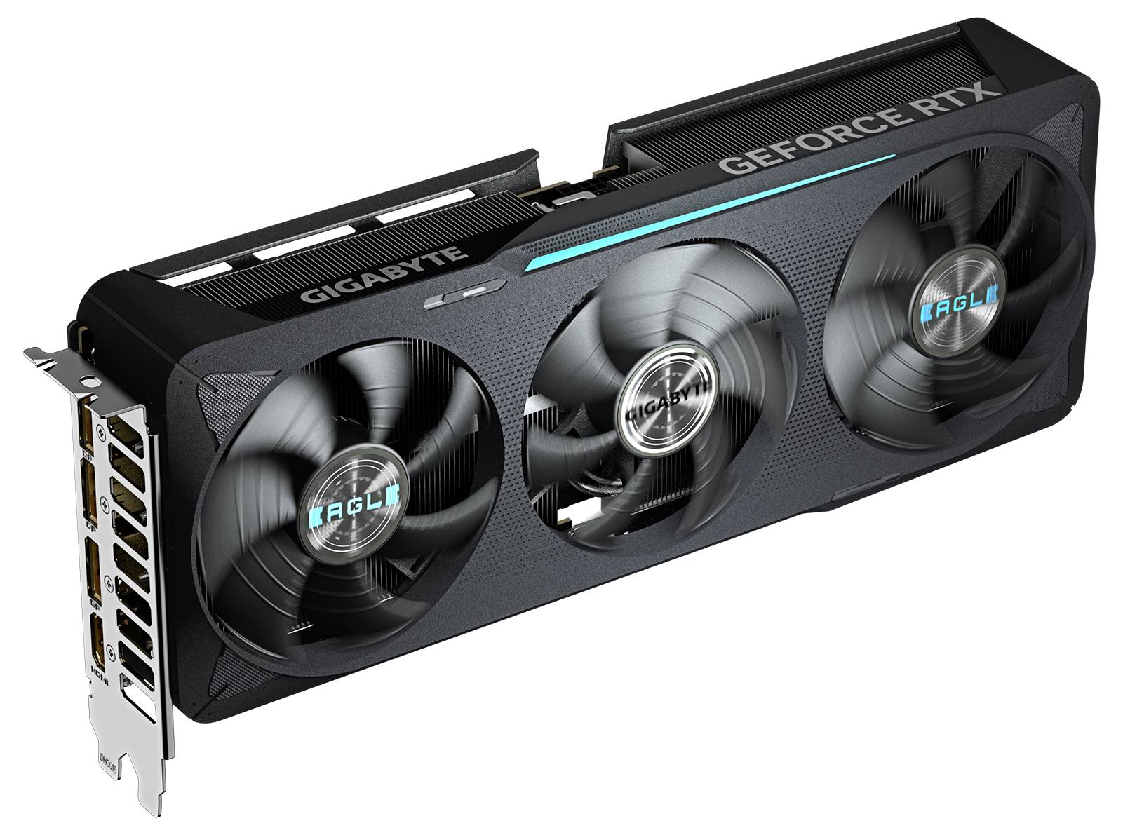 Trojitý ventilátor grafické karty Gigabyte s nápisem 'GeForce RTX', přípojné porty na levé straně.
