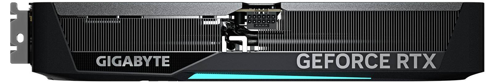 Grafická karta od Gigabyte s nápisem 'Geforce RTX', pohled z boku ukazující chladič a konektory.