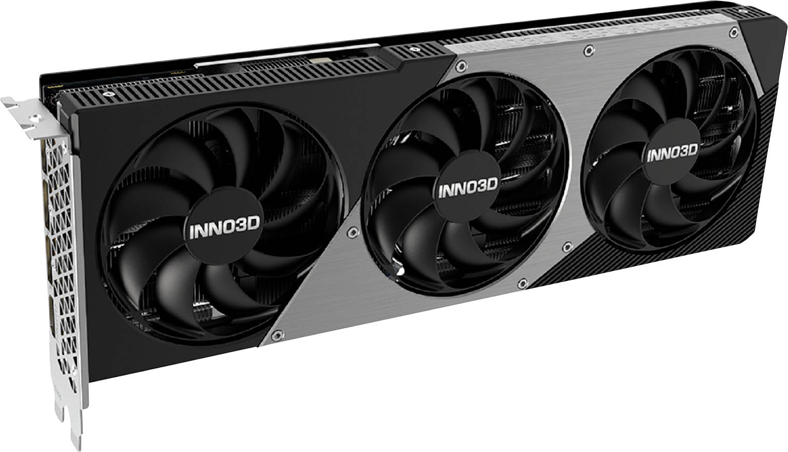 Černá grafická karta značky Inno3D se třemi ventilátory, focená z boku.