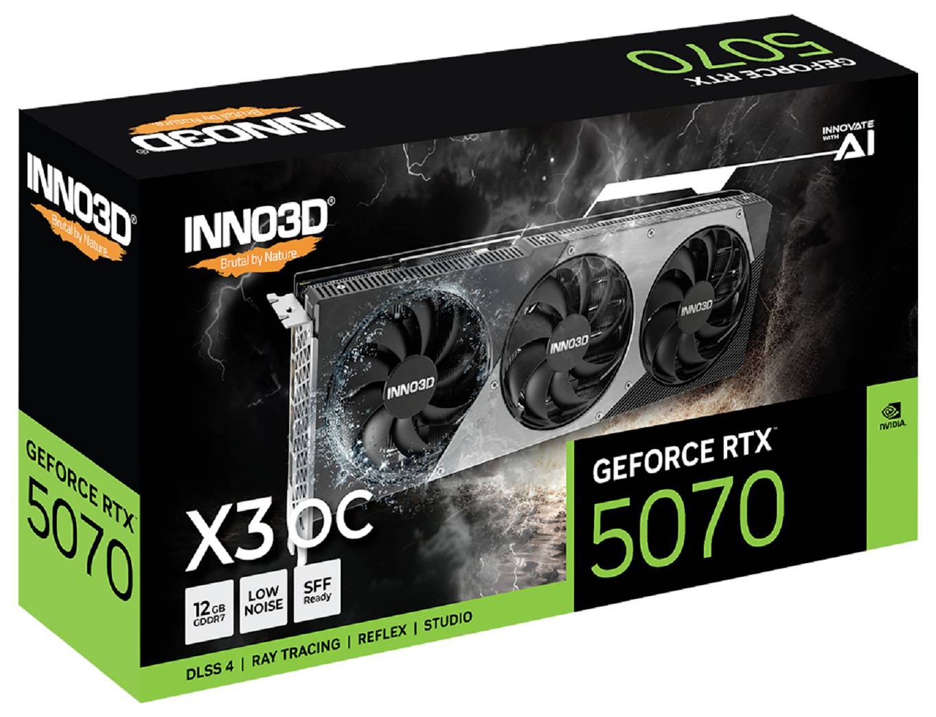 Obal grafické karty INNO3D GeForce RTX 5070. Obsahuje 12 GB paměti, propaguje DLSS 4, Ray Tracing, Reflex a Studio.