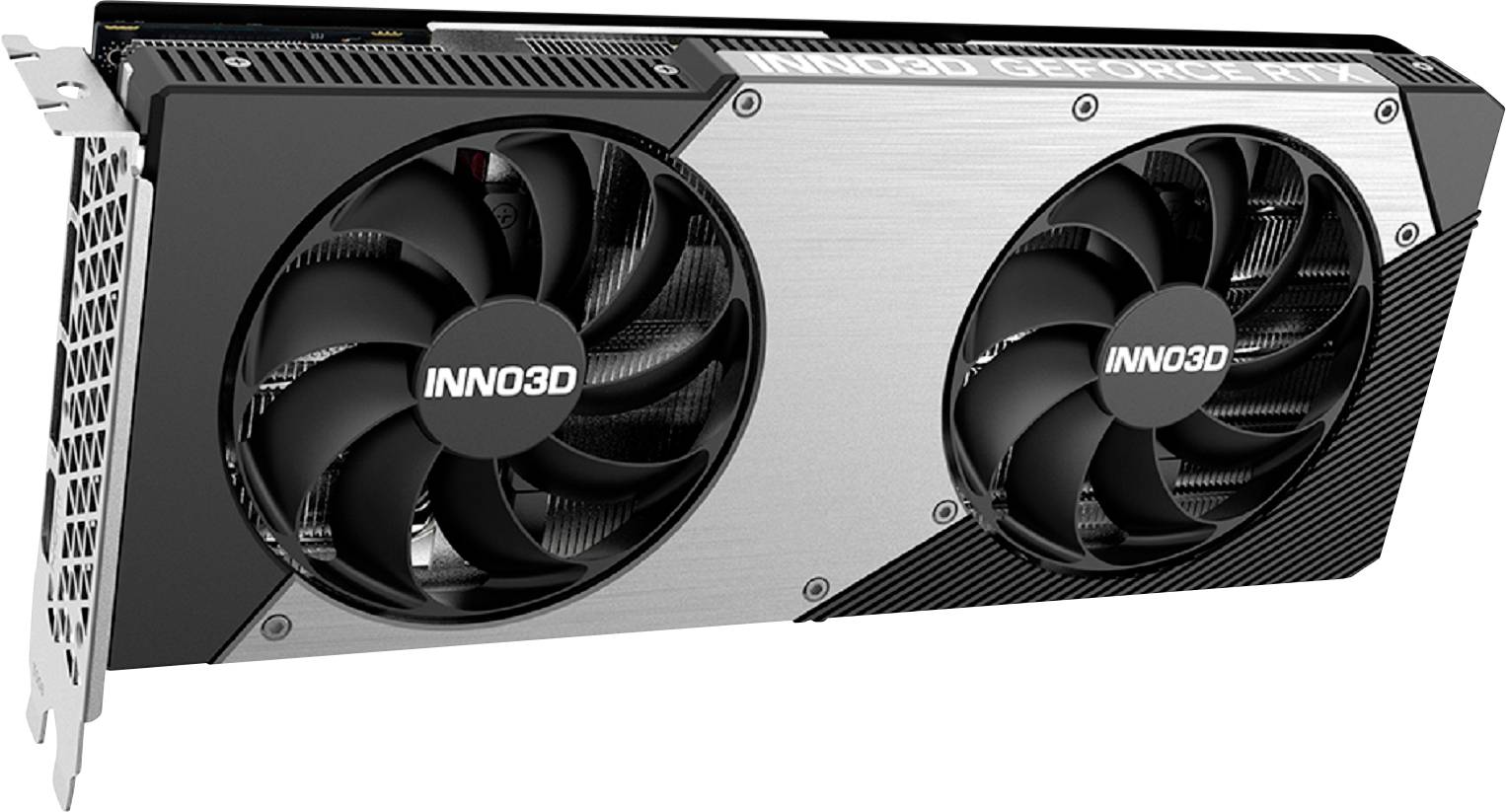 Grafická karta se dvěma ventilátory, označená nápisem 'INNO3D' na každém ventilátoru. Design je v barvách stříbrné a černé.