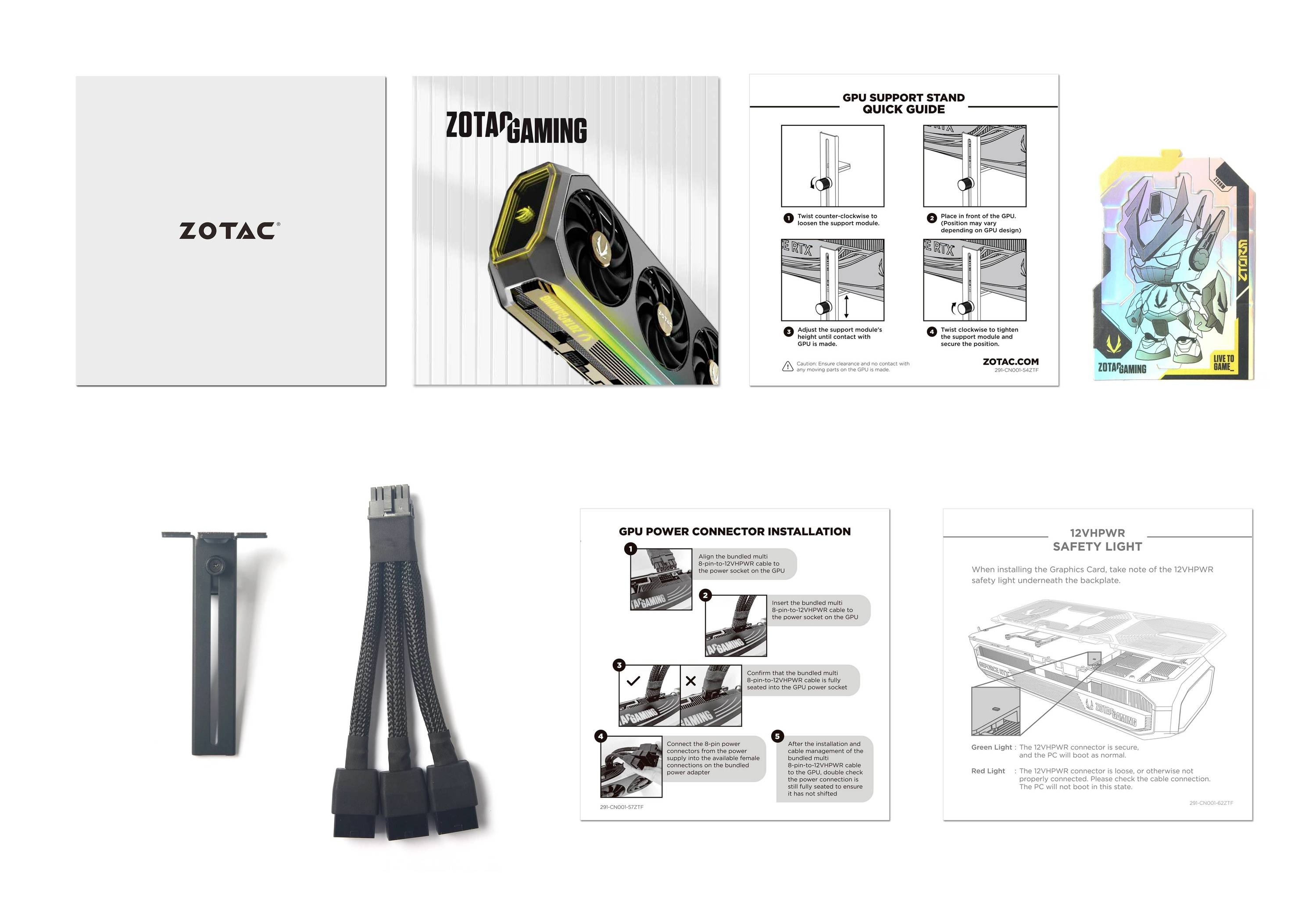 Grafický balíček 'ZOTAC GAMING' obsahující grafickou kartu, držák grafické karty, instalační návod a stručnou bezpečnostní příručku.