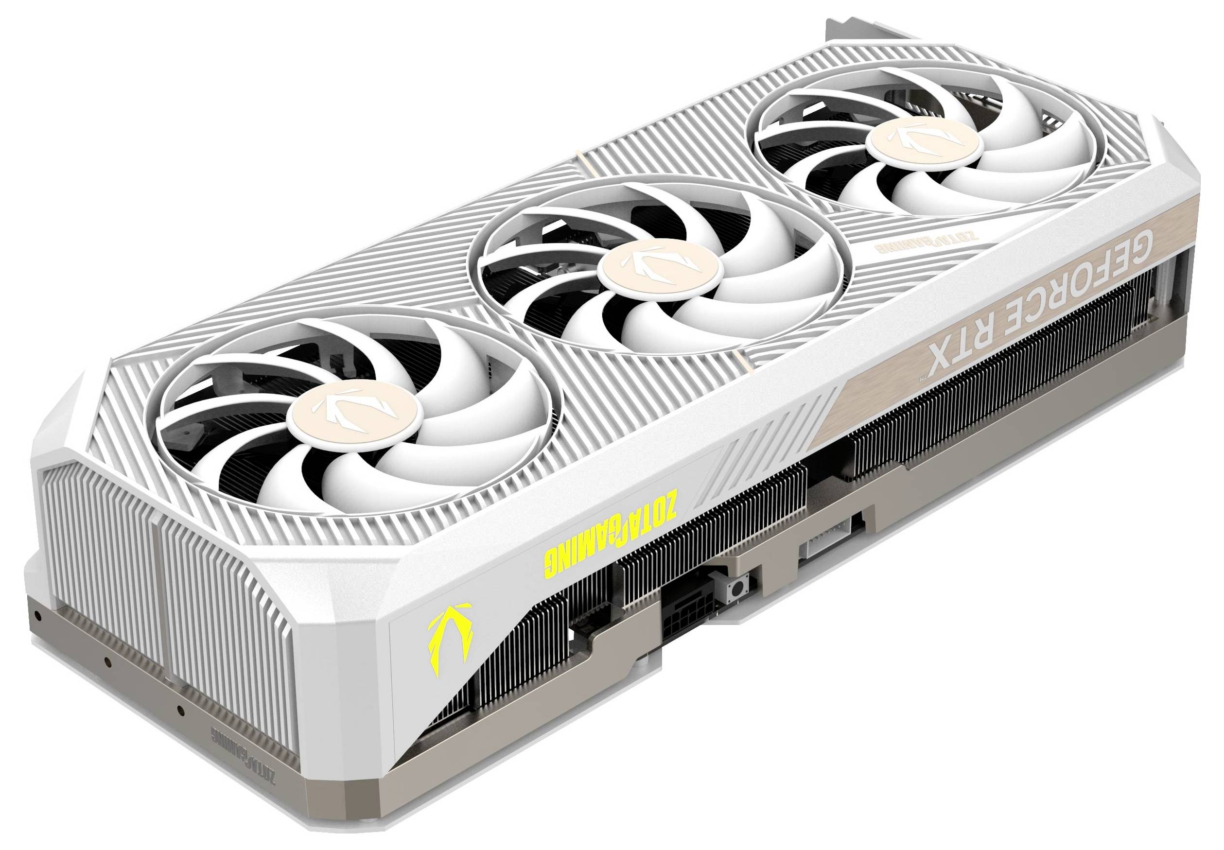 Bílá grafická karta se třemi ventilátory. Na straně je napsáno 'GeForce RTX'.