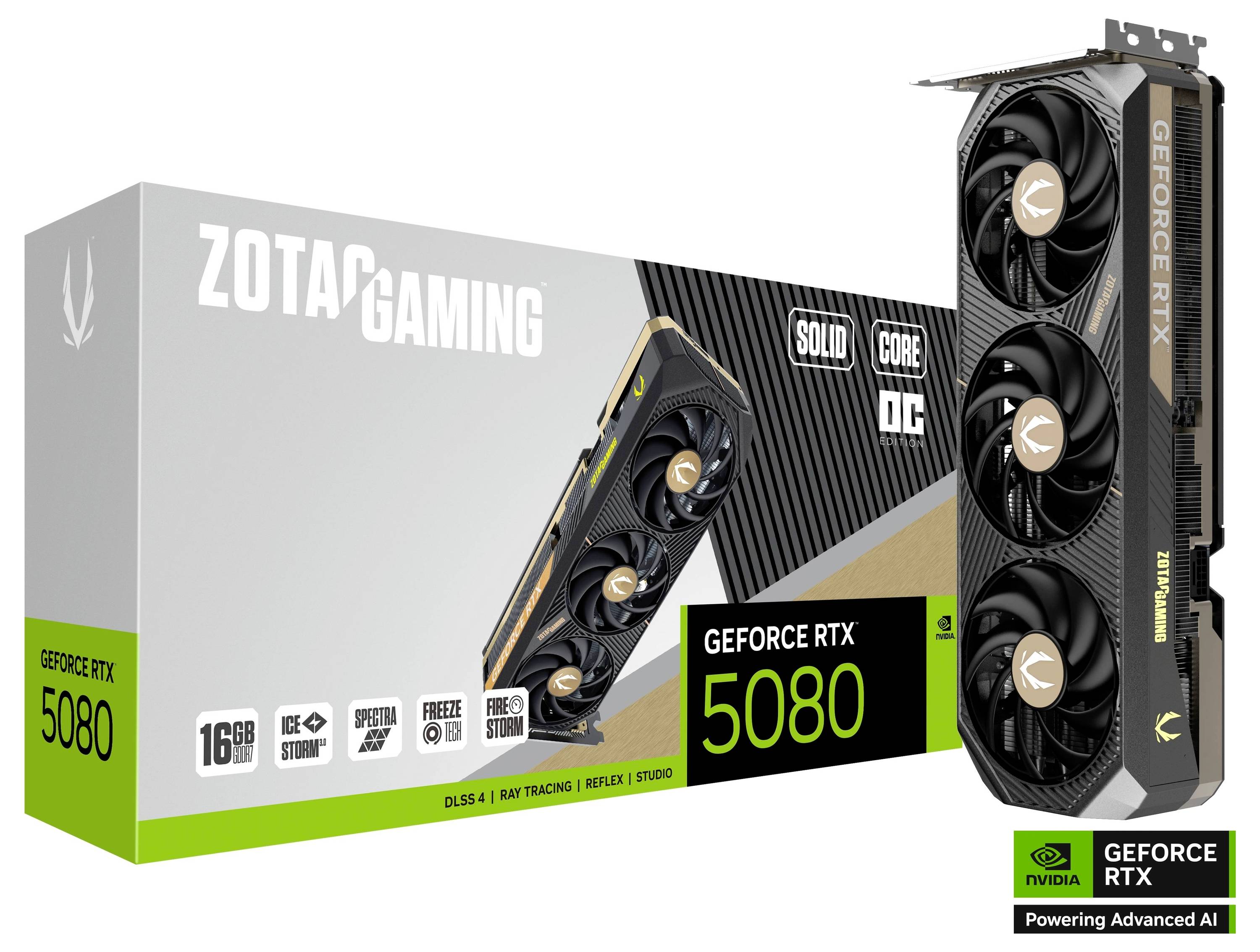 Grafická karta ZOTAC Gaming GeForce RTX 5080, 16GB paměti, se třemi ventilátory. Balení zobrazuje 'DLSS 4', 'Ray Tracing', 'Ice Storm 2.0'.
