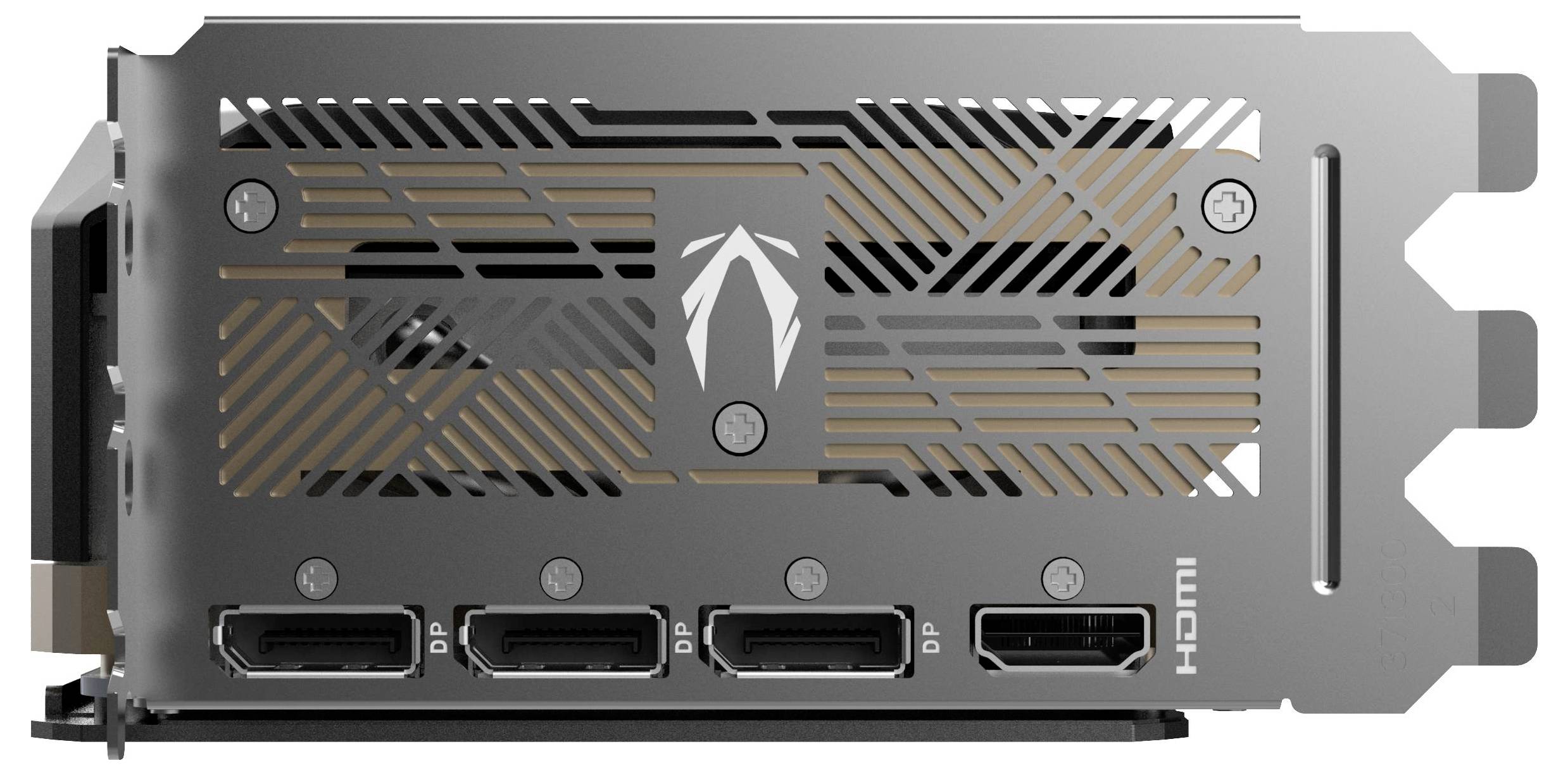Grafická karta s třemi DisplayPorty a jedním HDMI portem. Větrací otvory v mřížkovém vzoru.