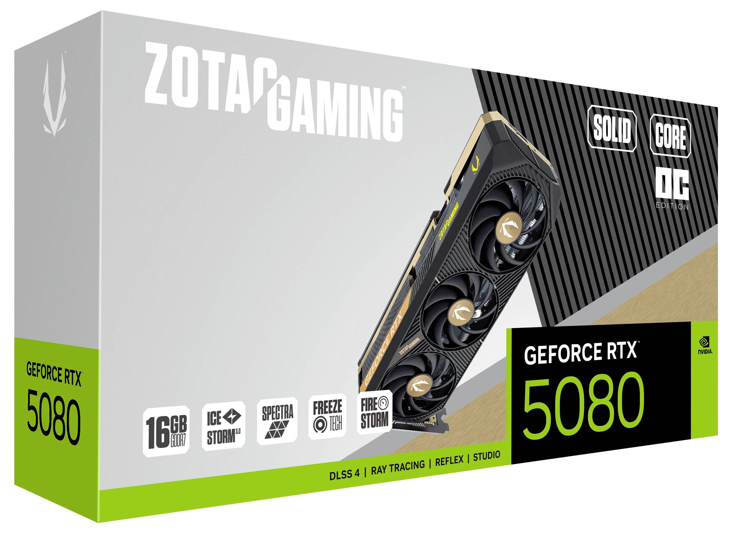 Grafická karta 'ZOTAC GAMING GeForce RTX 5080' s 16 GB GDDR6X, zobrazující chladicí technologie a rozhraní PCIe na obalu.