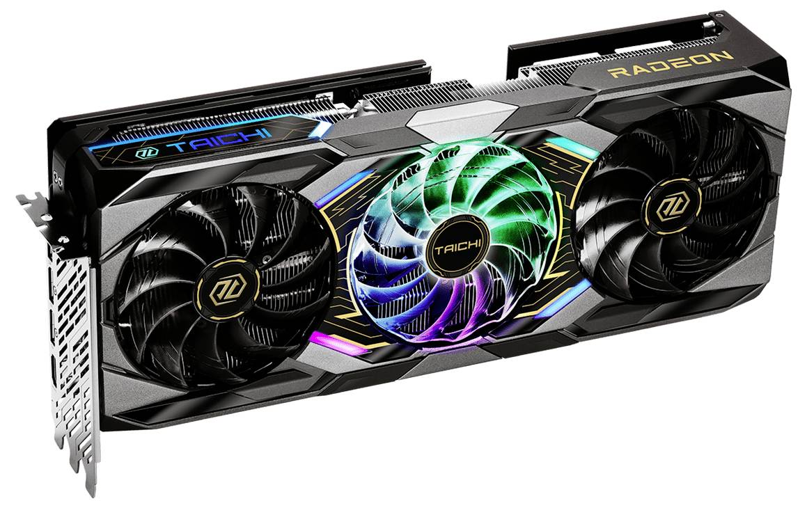 Grafická karta se třemi ventilátory a svítícím RGB designem, označená RADEON a Taichi. Vysoce výkonná komponenta pro počítač.