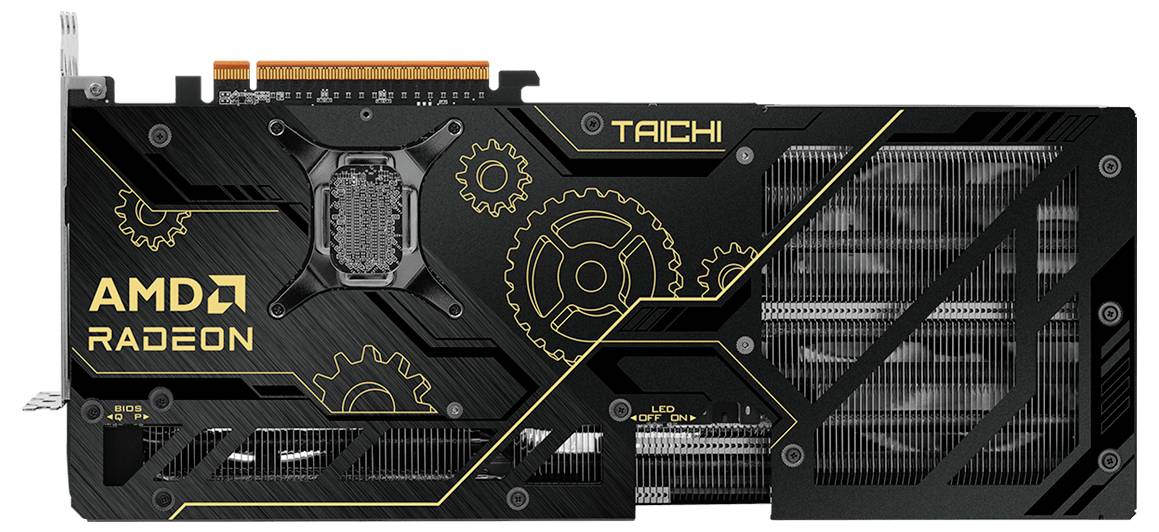 Grafická karta AMD Radeon s nápisem 'TAICHI'. Design zobrazuje ozubená kola a pruhované vzory ve zlaté barvě na černém pozadí.