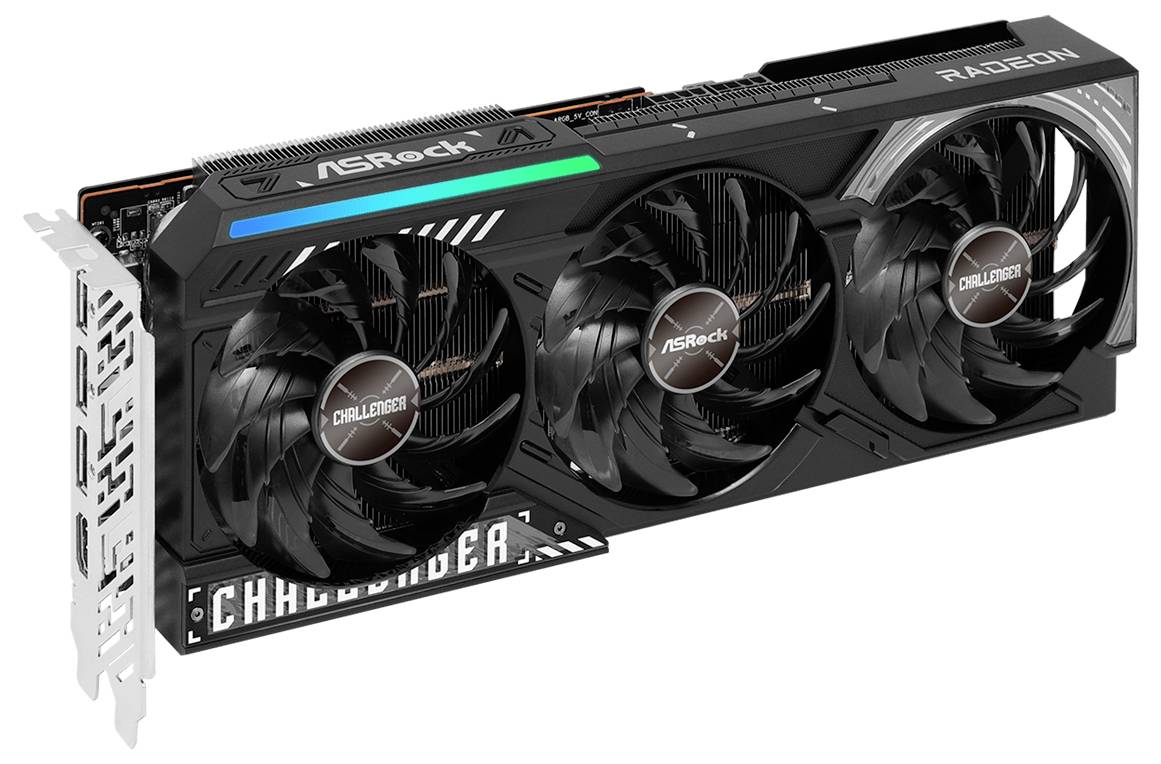 Černá grafická karta se třemi ventilátory a nápisem 'ASRock' a 'Radeon'. Vhodná pro výkonné počítačové aplikace.