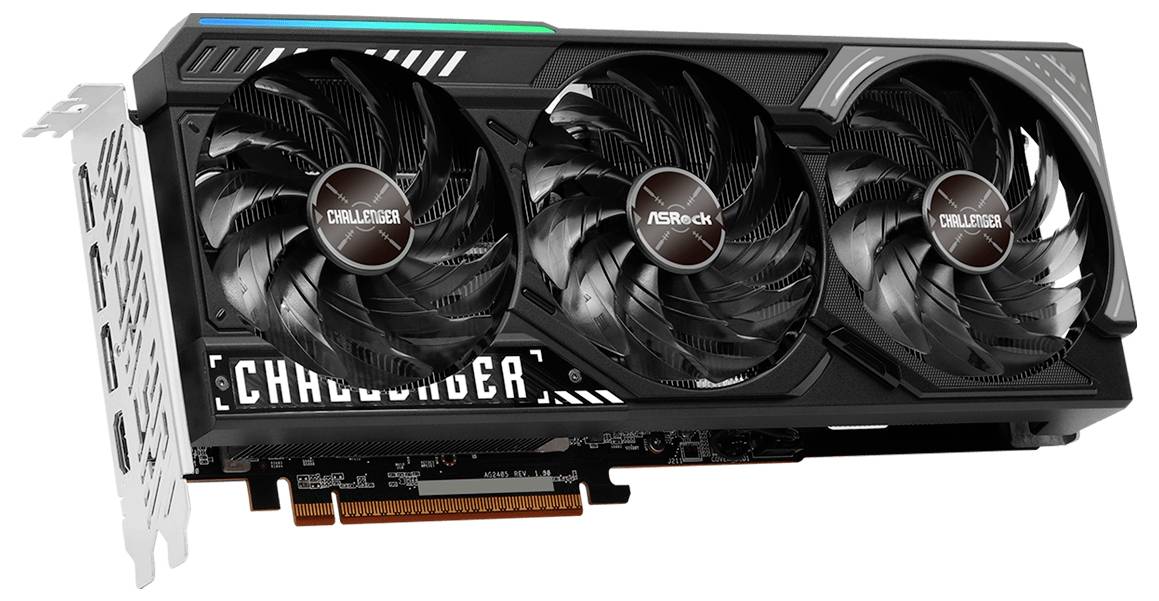 Grafická karta se třemi ventilátory, označená jako 'Challenger' a 'ASRock', černý design, určená ke zvýšení grafického výkonu.