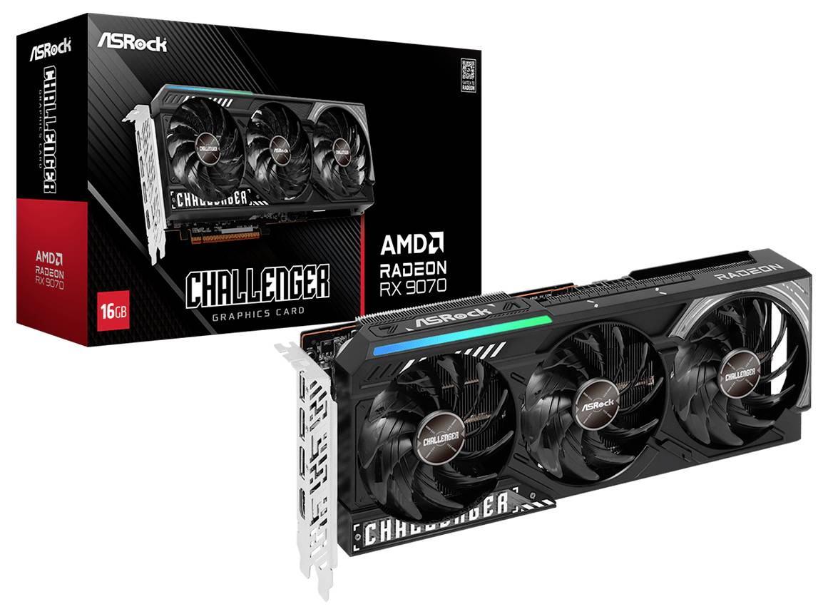 ASRock Challenger grafická karta a obal, model: AMD Radeon RX 7900. Jsou viditelné tři ventilátory.