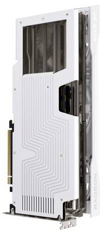 Bílá grafická karta s viditelnými chladicími žebry a ventilátory. Vpravo je nápis 'Radeon'. Je zobrazena vertikálně.