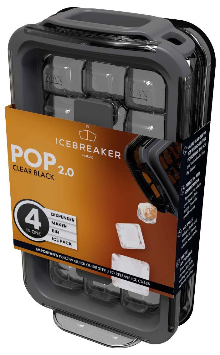 Forma na ledové kostky 'ICEBREAKER POP 2.0' v černé barvě s vyjímatelnými nádobkami na ledové kostky. Obal zobrazuje pokyny k použití.
