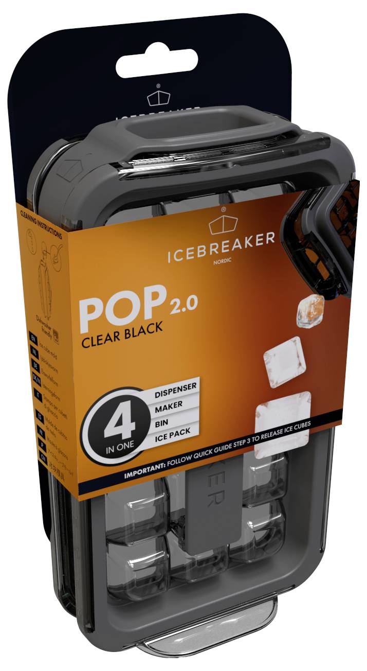 Forma na ledové kostky v černé barvě s posuvným víkem. Text na obalu: 'POP 2.0, 4 v 1 dávkovač, výrobník, nádoba, chladicí vložka'.