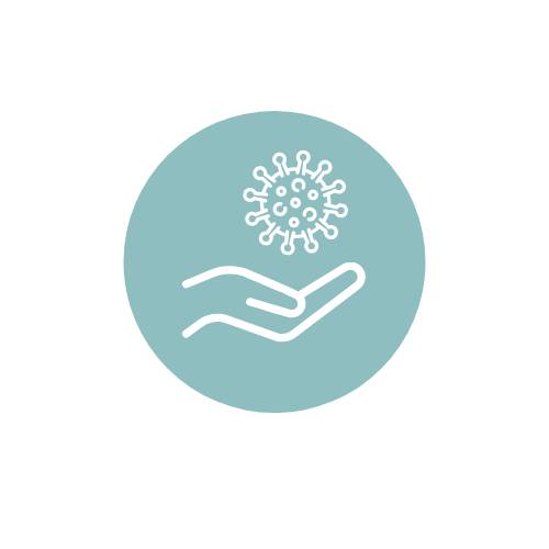 Ikona s dlaní držící symbol viru na tyrkysovém pozadí. Symbolizuje ochranná opatření.