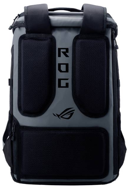 Šedý batoh s černým nápisem 'ROG' a stylizovaným logem pod ním.