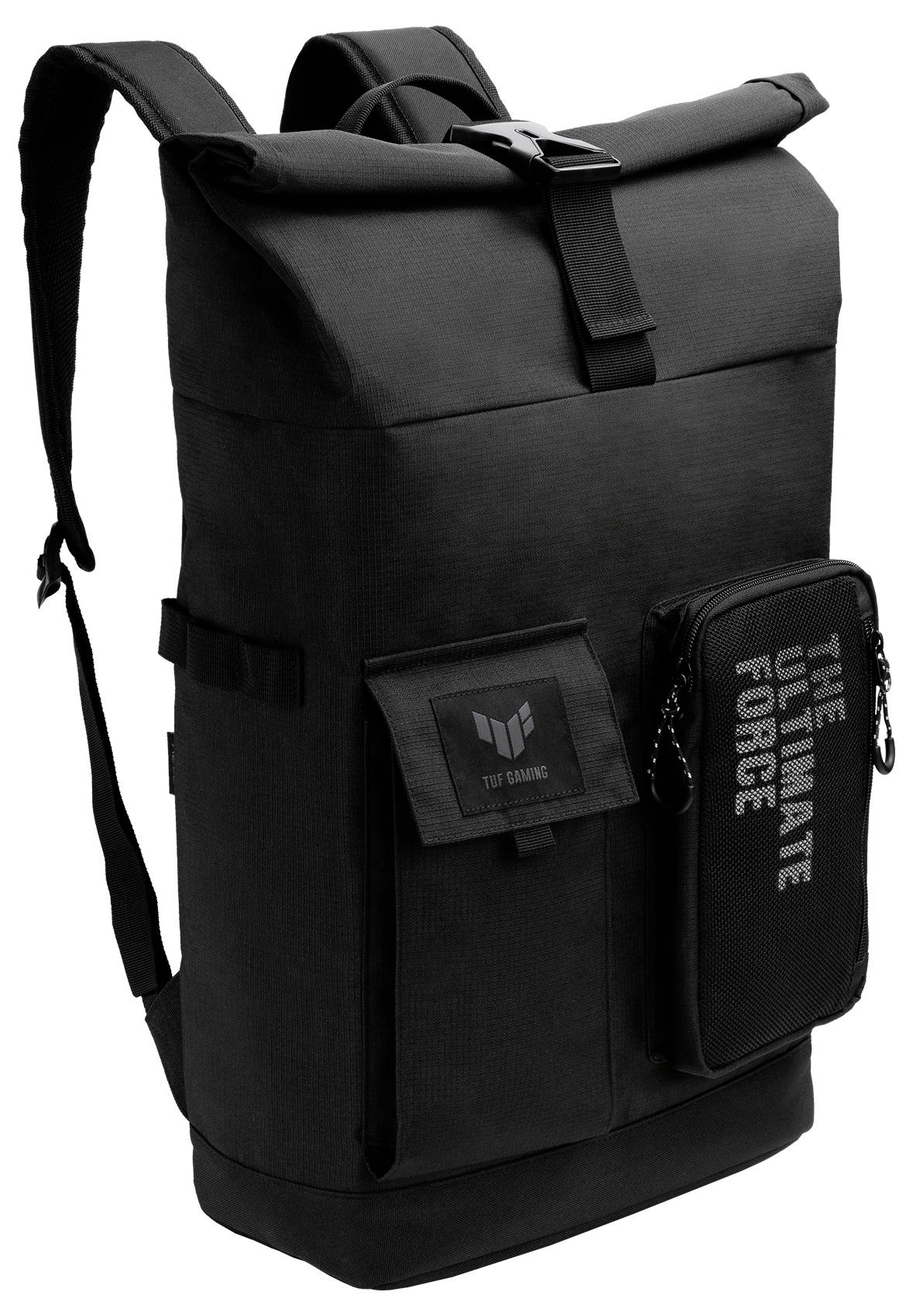Černý batoh s rolovacím zavíráním, přední kapsou na zip s nápisem 'The Ultimate Force', robustní design.