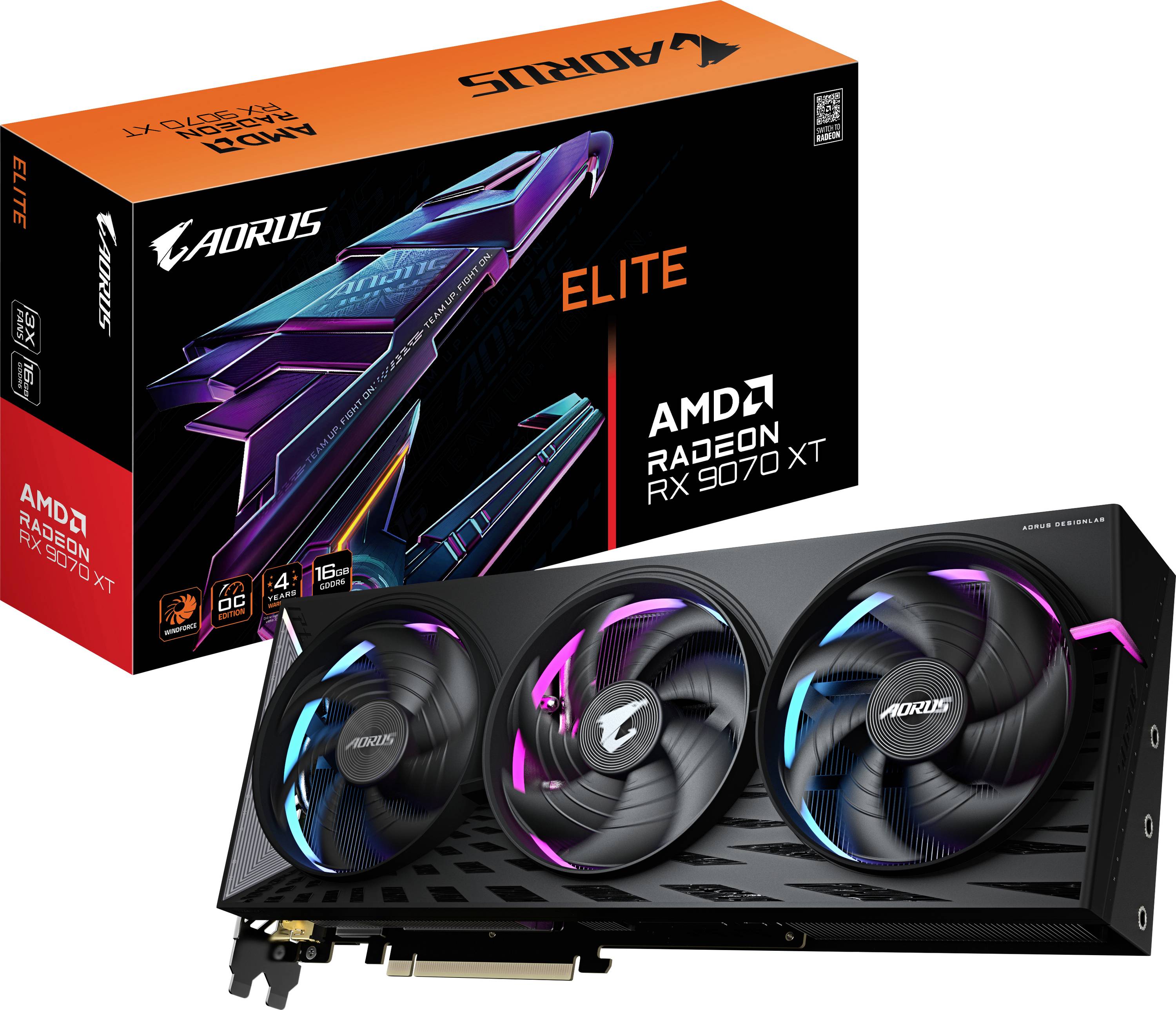 Grafická karta AORUS Radeon RX 7900 XT Elite, černé ventilátory s RGB podsvícením, balení v pozadí, logo AMD viditelné.