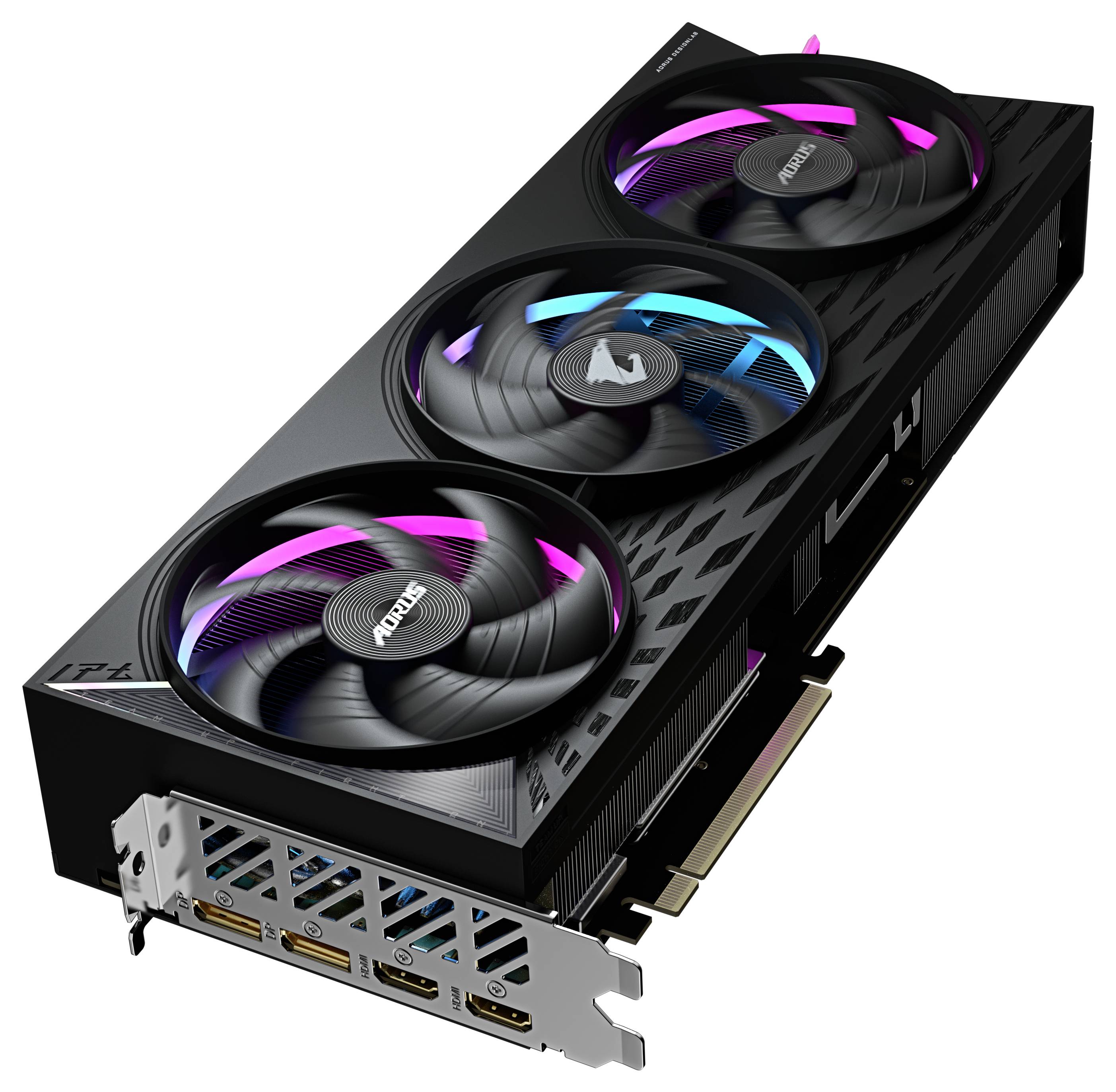 Černá grafická karta se třemi velkými ventilátory, označená nápisem 'AORUS'. Na zadní straně má několik portů.