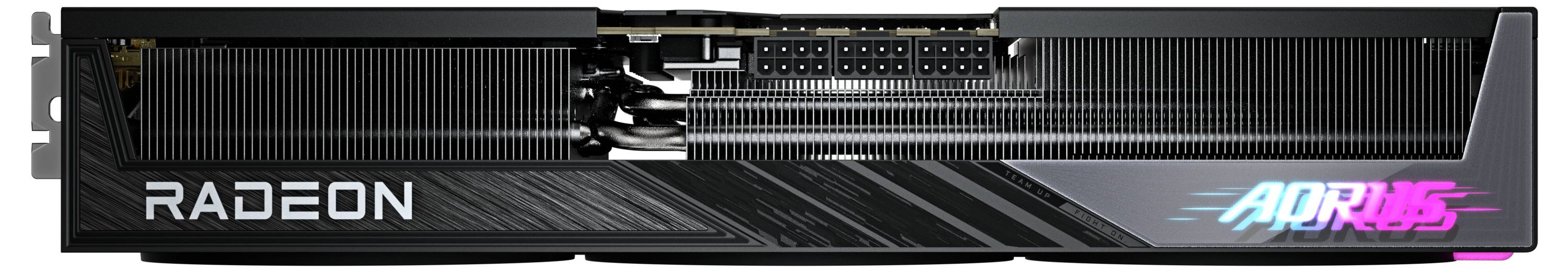 Grafická karta s nápisem 'Radeon' a 'AORUS', zobrazující černou strukturu chladicích žeber a prvky LED osvětlení.