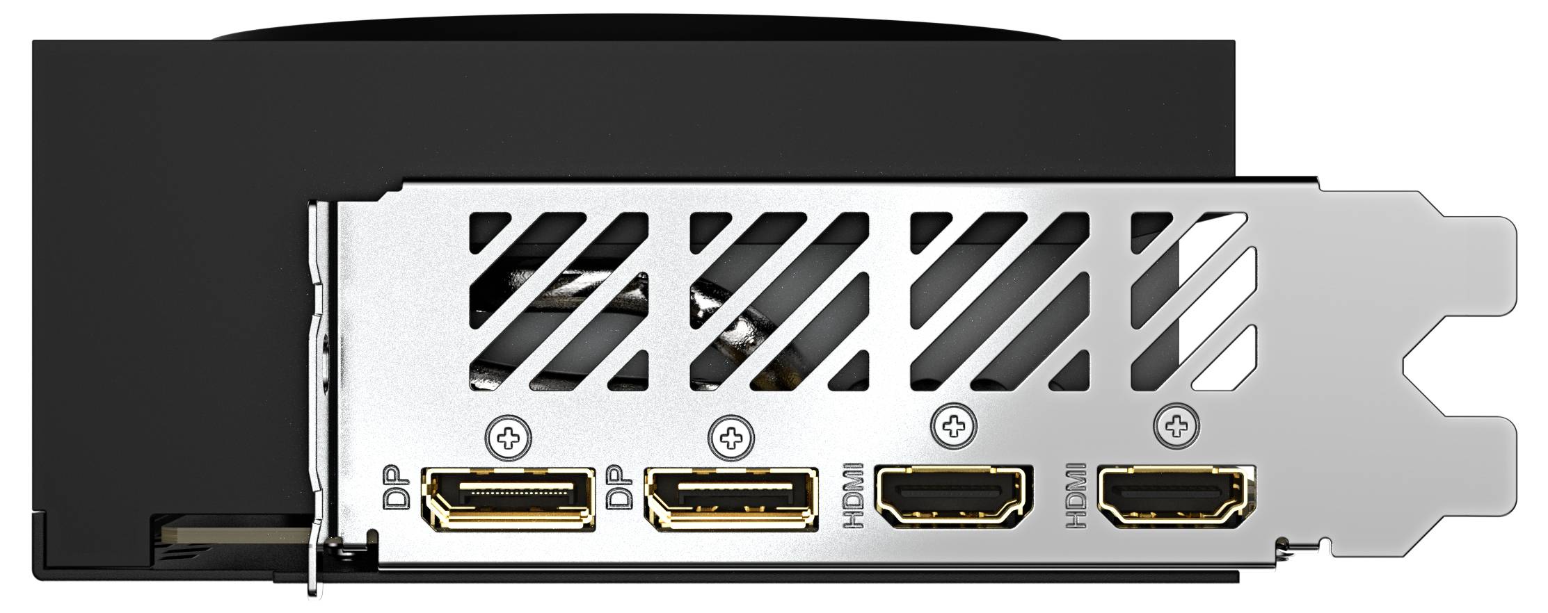 Grafická karta s výstupní konzolí, zobrazující tři DisplayPorty a jeden HDMI port.