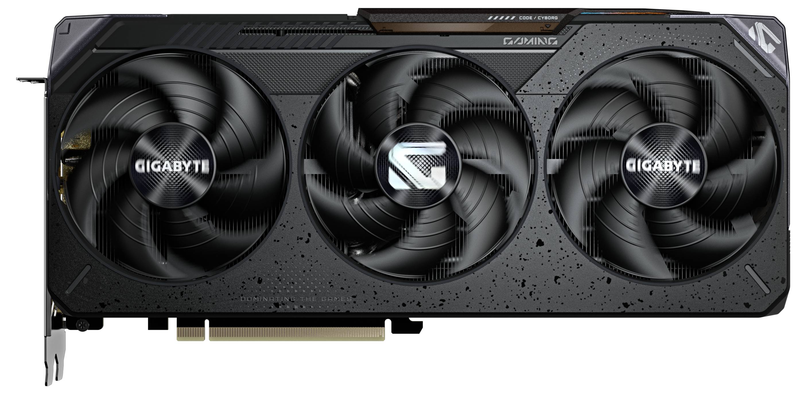 Grafická karta se třemi ventilátory, označená nápisem 'Gigabyte' a stylizovaným logem uprostřed.