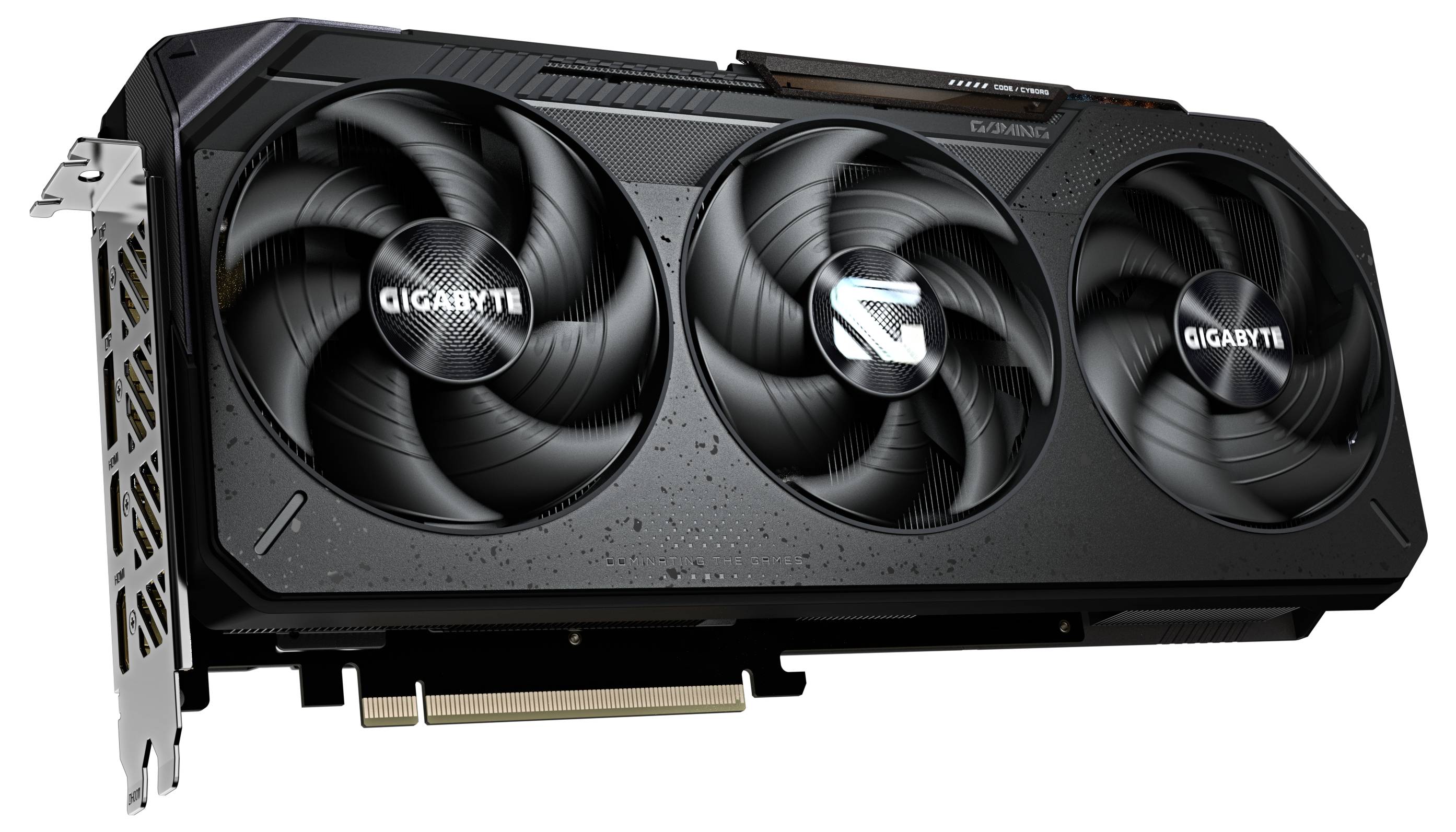 Černá grafická karta od Gigabyte se třemi ventilátory, která se používá pro vysoce výkonnou grafiku v počítačích.